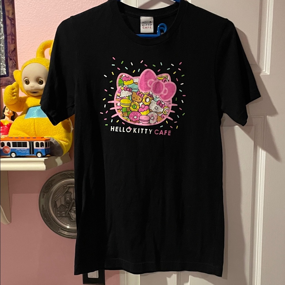 Hello Kitty Cafe Black Tee with Pink and Green Accents